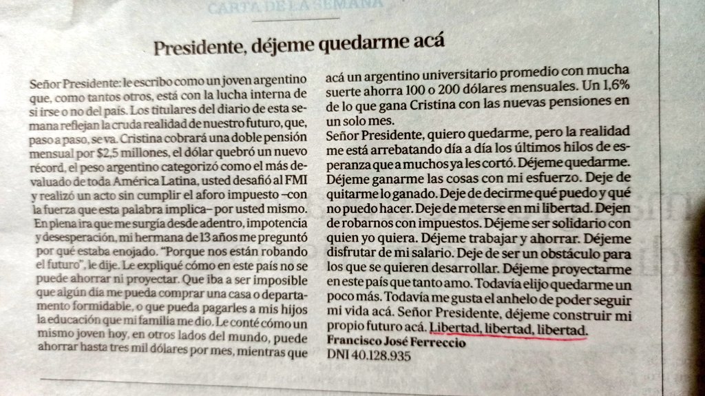 DeTurrisFlor's tweet photo. Carta de un joven al Presidente @alferdez 
"Libertad, libertad, libertad". https://t.co/PNar5HXliN