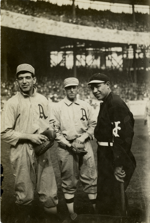 AlexCheremeteff's tweet photo. October 14, 1911: Philadelphia Athletics catcher Ira Thomas and pitcher Eddie Plank join New York Giants C Chief Meyers for a photo prior to Game 1 of the #WorldSeries .

Giants 2, Athletics 1
Polo Grounds, New York

#Mackmen #MLB https://t.co/aGcsKdc0De