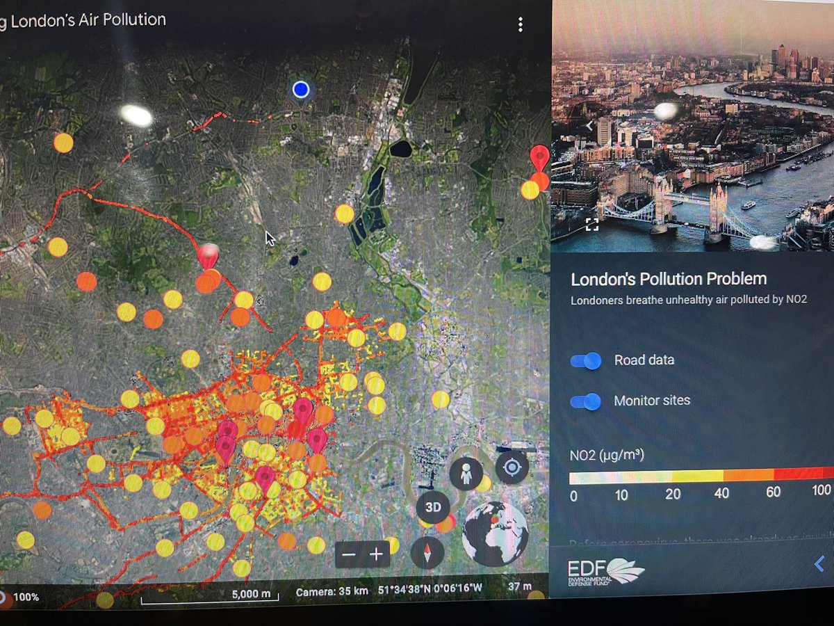 HighfieldCons's tweet image. This is a pollution monitor for London. As you can see central london is high, Enfield (Blue Dot) is very low. My question to @MayorofLondon is why the ULEZ expansion? It’s just another way to make money! Source:- Environmental Defence Fund &amp;amp; Google Earth.