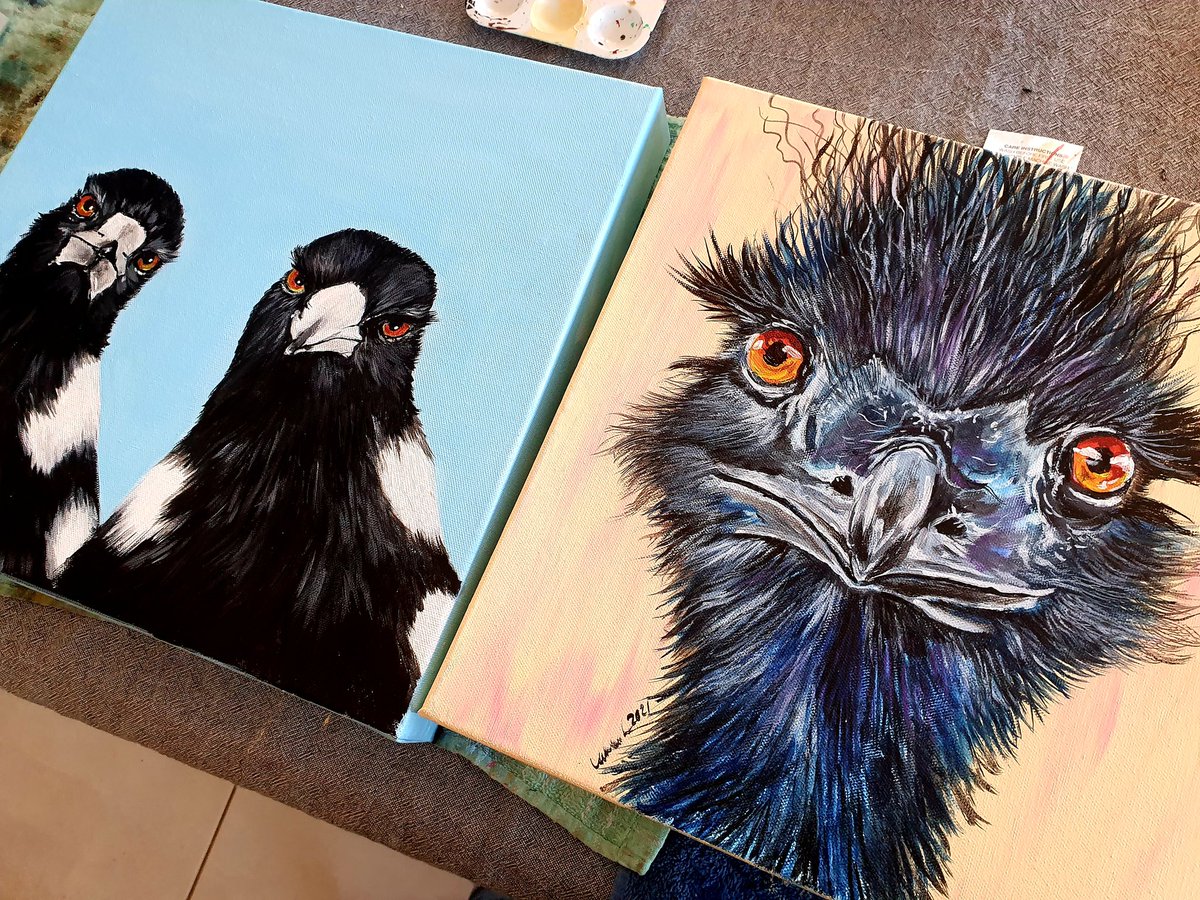 JintyandRayne's tweet photo. Waiting on these two drying then sealing them
#art #adelaide #southaustralia #australia #postcode5158 #privateartlesson #privatetutor #acrylic #canvas #emu #magpie #native #australian #bird #artislife #hallettcovebeach #supportlocal #adelaideartist #southaustralianartist https://t.co/5VvXAi6mO2