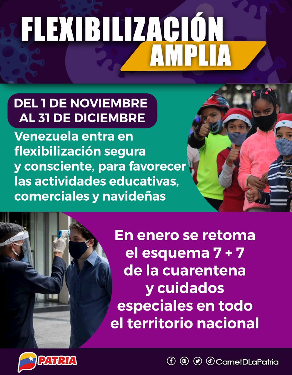 #ATENCION El #SistemaPatria informa que, desde el 1 de noviembre al 31 de diciembre Venezuela entra en flexibilización segura y consciente.

#AlíPrimera80YCantando
#31Oct
