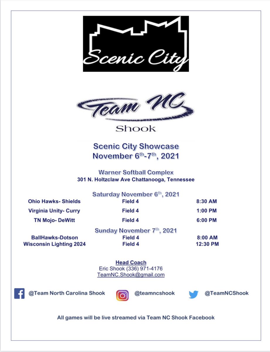 Team North Carolina Shook (@teamncshook) on Twitter photo Headed to Chattanooga, TN this weekend to start our November off at the Scenic City Fall Showcase. We hope to see you there! If you can’t make it, we will stream all of the games from our FB page. #teamncshook <a href="/TeamNCSoftball/">Team North Carolina Softball</a> Headed to Chattanooga, TN this weekend to start our November off at the Scenic City Fall Showcase. We hope to see you there! If you can’t make it, we will stream all of the games from our FB page. #teamncshook <a href="/TeamNCSoftball/">Team North Carolina Softball</a>