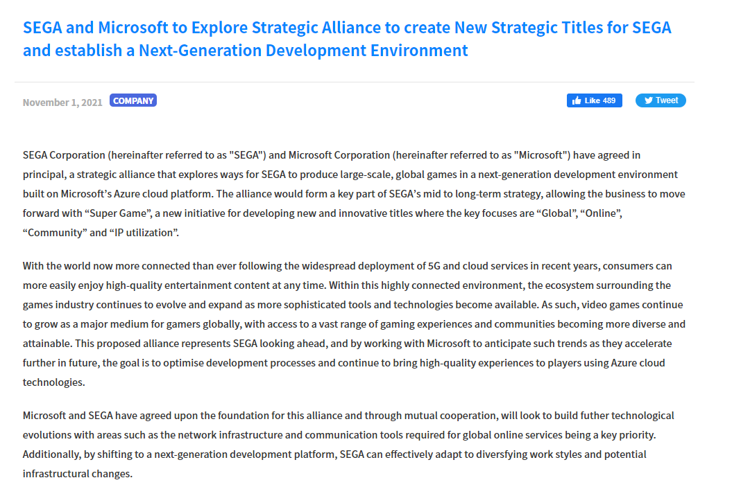 Wario64's tweet photo. SEGA and Microsoft to Explore Strategic Alliance to create New Strategic Titles for SEGA and establish a Next-Generation Development Environment https://t.co/uQjU8usCRW https://t.co/KFe0qGXWyZ