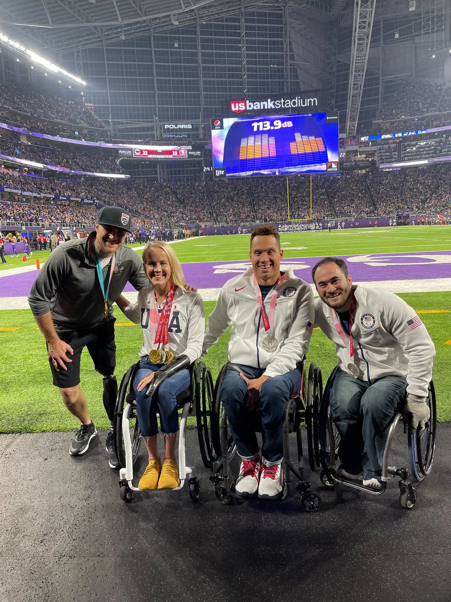 NBCOlympics's tweet photo. A Once in a Lifetime event is just months away!
To celebrate, @TeamUSA Paralympians @MonsterMike5, @malloryweggeman, @JoeDelagrave and @Aoki5Chuck were honored at tonight's @dallascowboys vs. @Vikings @SNFonNBC game. https://t.co/kNFwEBInAx