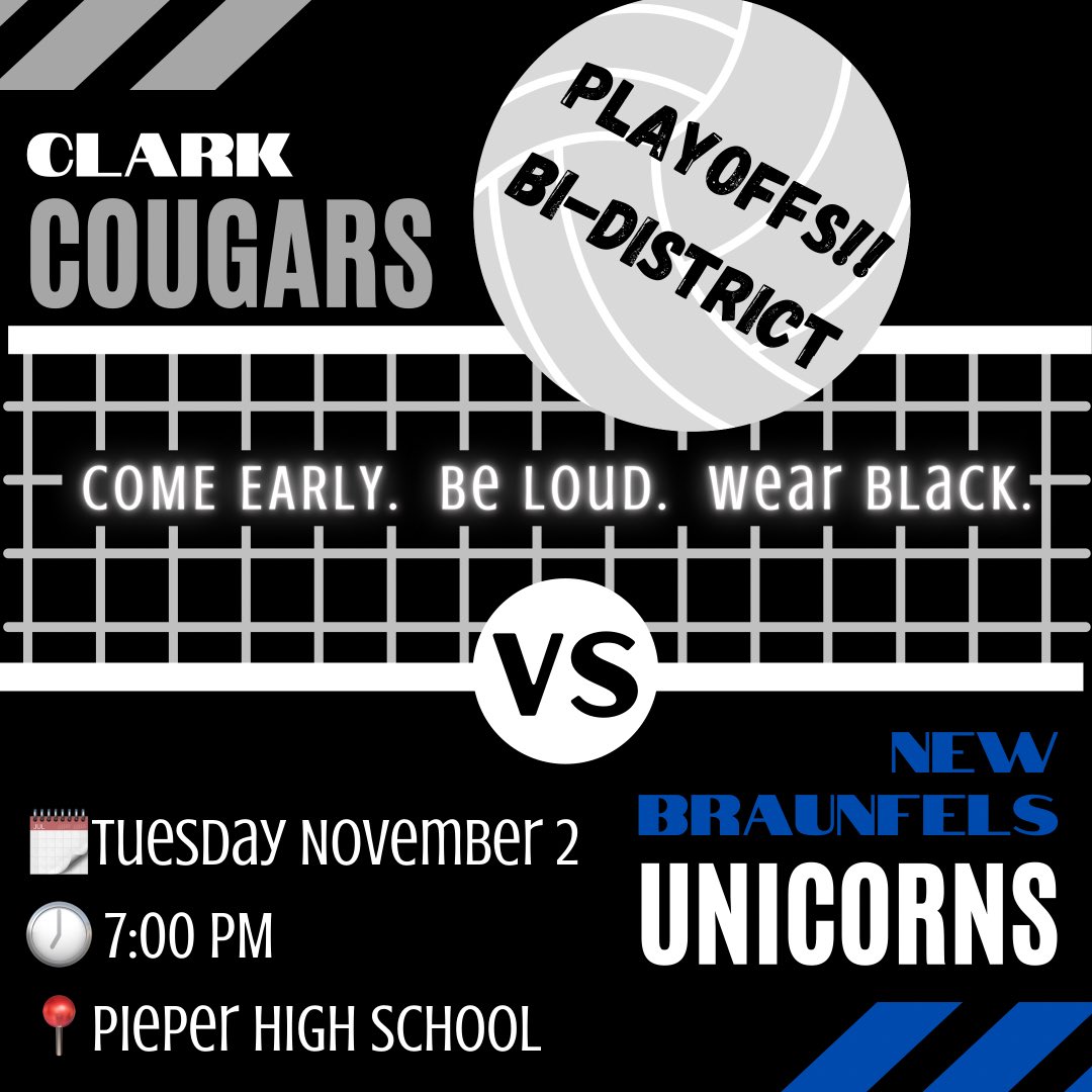 ‼️PLAYOFFS‼️ Come out and support the Cougars this Tuesday in the first round! 🏐👏🏼🐾  Buy your tickets online! #gocougars #cvb #clarktexas

comal-isd.brushfire.com/pieper-high-sc…