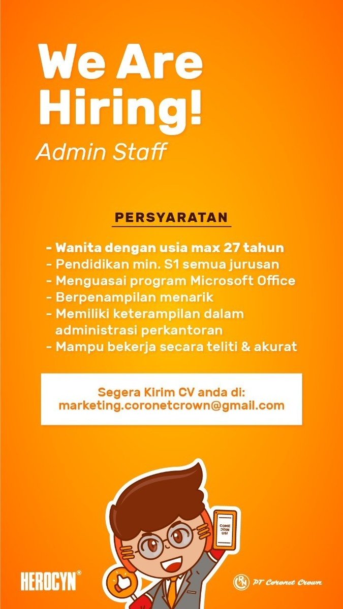 sahabatherocyn's tweet photo. Hai Sahabat Herocyn, nih ada kesempatan buat kamu yang ingin mengembangkan karir bersama tim #HeroMin, ditunggu ya 😉 #lowongankerja #Surabaya #Sidoarjo https://t.co/nLXVefaCtL