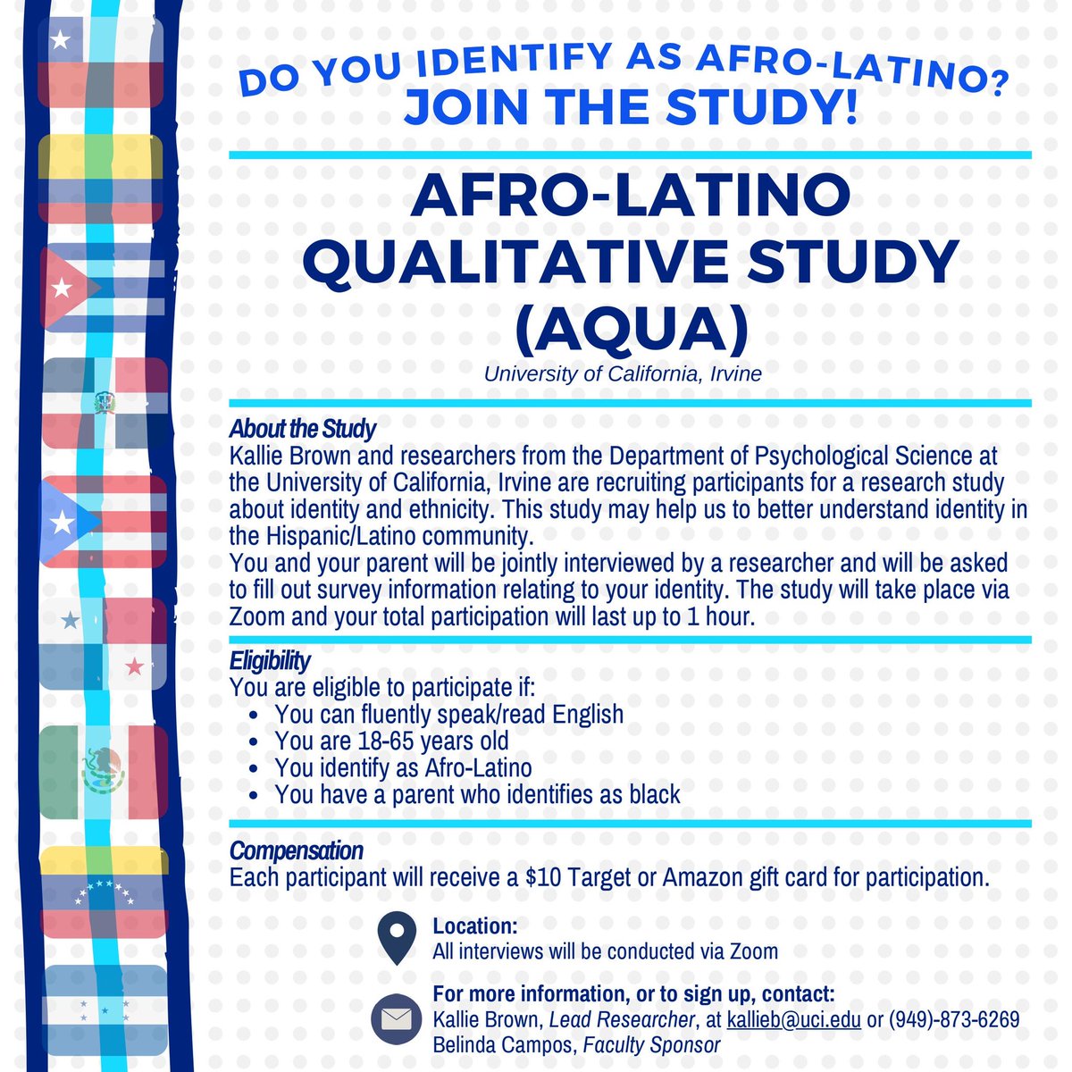_KallieBrown's tweet photo. Do you identify as Afro-Latino/a/x? Join the study! #AfroLatino #AfroHispanic #Boricua #Dominicano https://t.co/Xxh3lsJnch