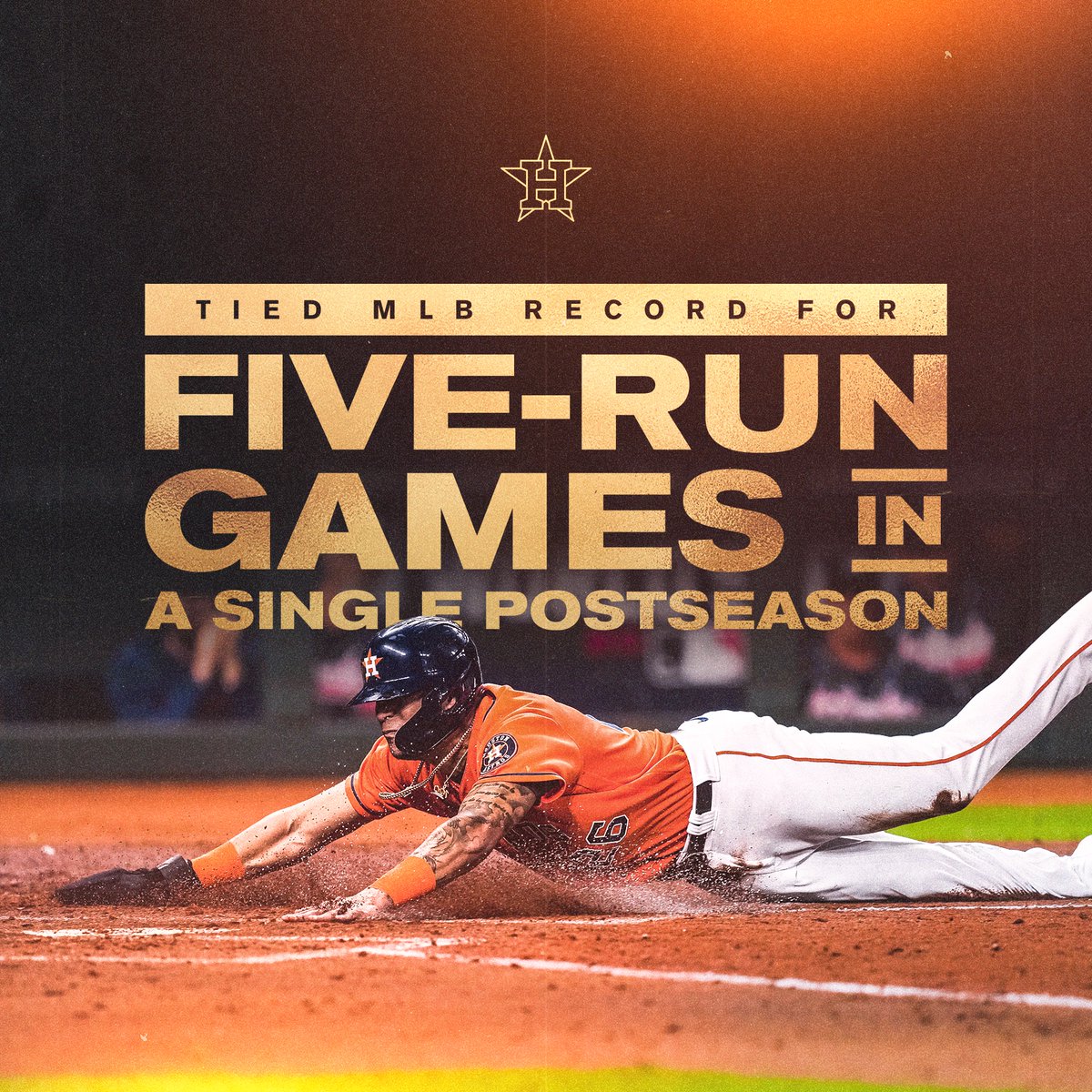 astros's tweet photo. We've scored 5+ runs in 11 of our 15 #Postseason games, tying an @MLB record.

#ForTheH https://t.co/JbKqFdXjfP