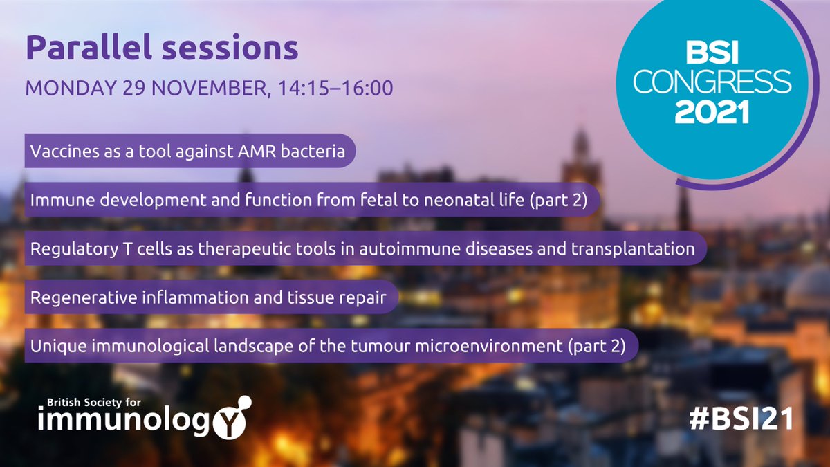 bsicongress's tweet photo. #BSI21 Congress parallel sessions cover topics all across immunology 🔬

On Monday afternoon we will delve into #immunedevelopment, #inflammation, #Tcell therapies, #tumour immunology &amp; #vaccines ✅

Book your place now 👉https://t.co/d6V8axa7IZ https://t.co/KnAAcMGQ4g