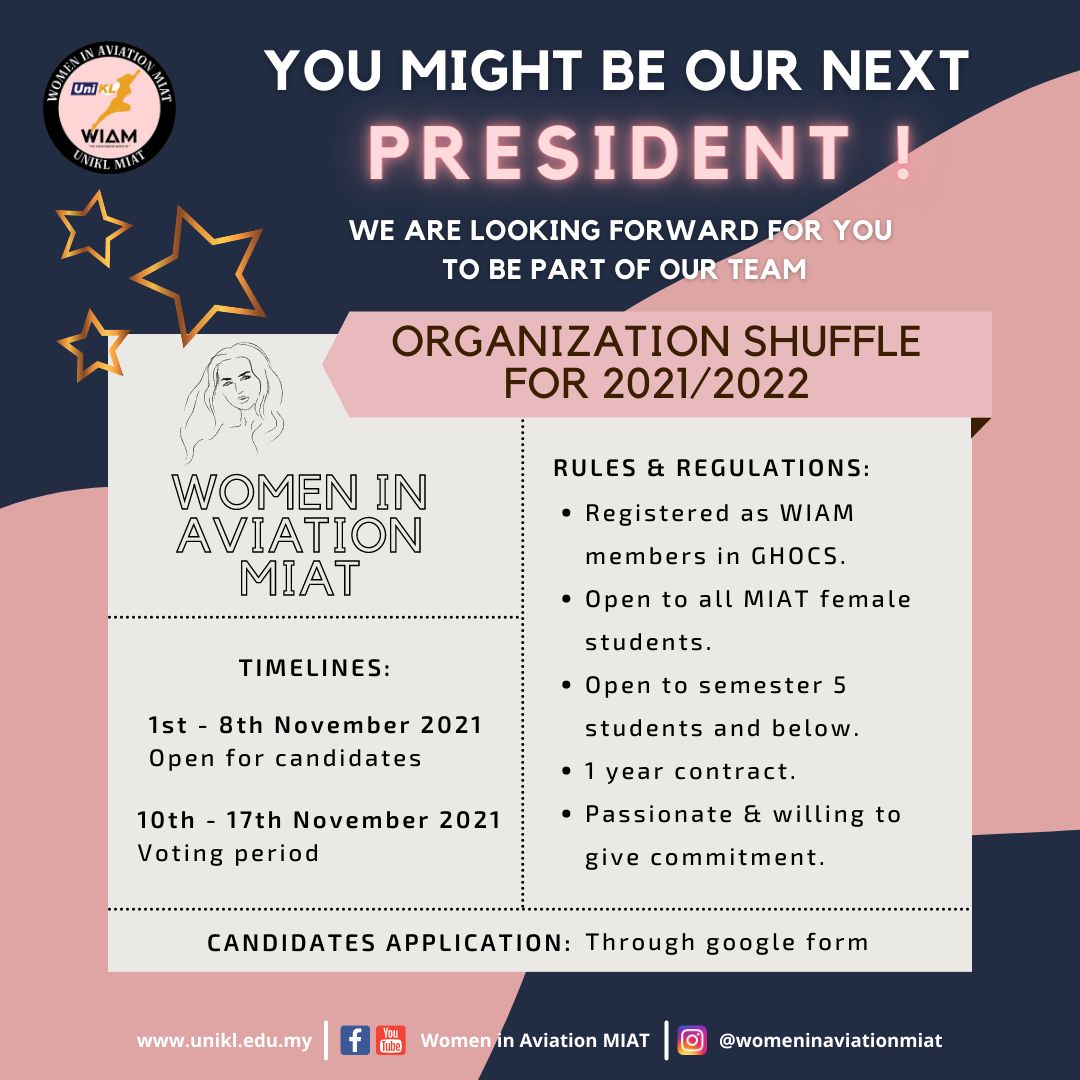 srcuniklmiat's tweet photo. ✈️Come and join us together and Fly your dream with us. Application period are as stated below:

📆 Date: 1st - 8th November 2021 

🚨🚔You are wanted Miss!!!
Please fill out the google form below👇🏻

https://t.co/7btkyzR420 https://t.co/dooXzfYGD6