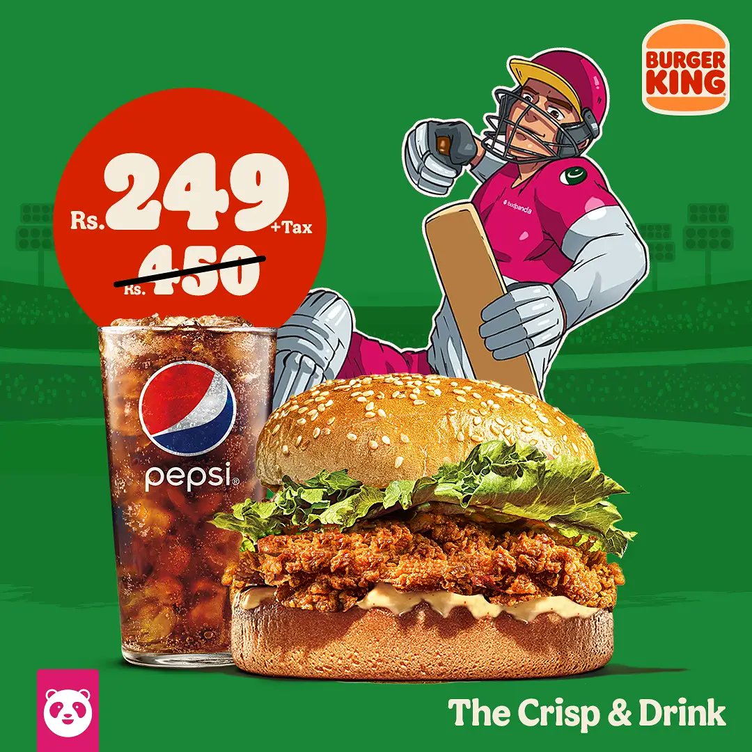 BurgerKingPak's tweet photo. Give hunger a clean sweep! 🏏🍔

#burgerkingpakistan #burgerking #beyourway #foodpanda https://t.co/ApdXDx8rQ8