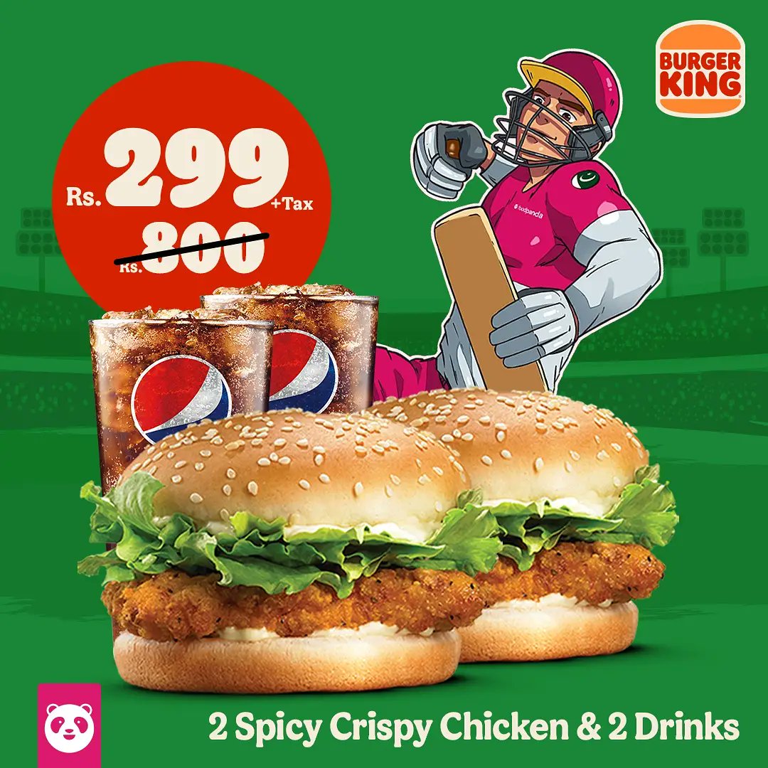 BurgerKingPak's tweet photo. Give hunger a clean sweep! 🏏🍔

#burgerkingpakistan #burgerking #beyourway #foodpanda https://t.co/ApdXDx8rQ8