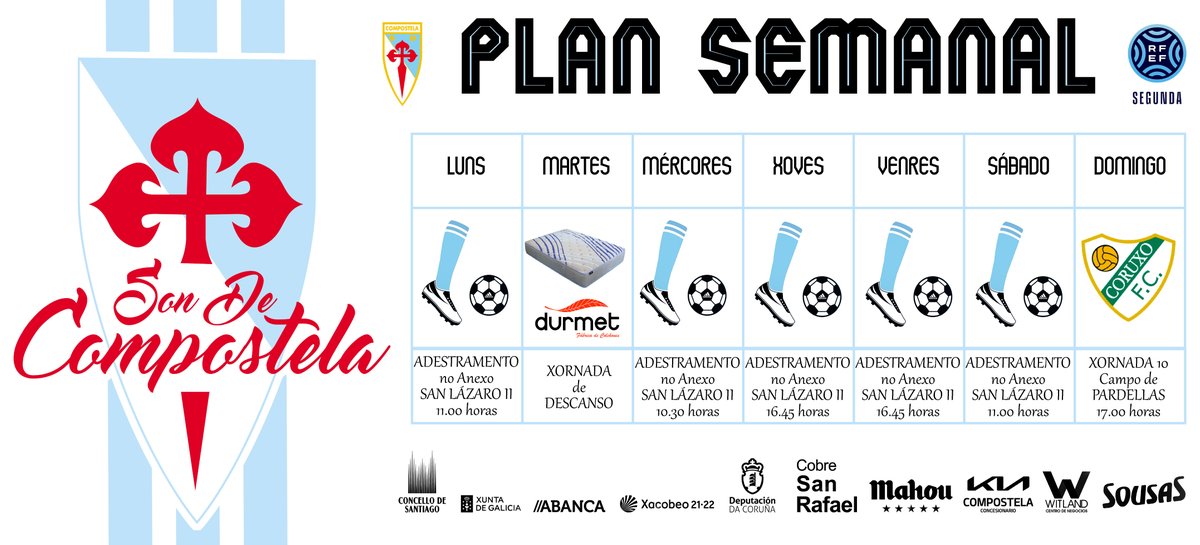 SD_Compostela's tweet photo. 📋 𝐏𝐋𝐀𝐍 𝐒𝐄𝐌𝐀𝐍𝐀𝐋

👉 Sen parar, os nosos realizan nestes momentos a sesión de recuperación!!! Mañá toca descanso con #Durmet e a continuación catro sesións para preparar a visita ao @CoruxoFCoficial!!! 

#CoruxoCompos #SonDeCompostela https://t.co/R1fquOFEZj