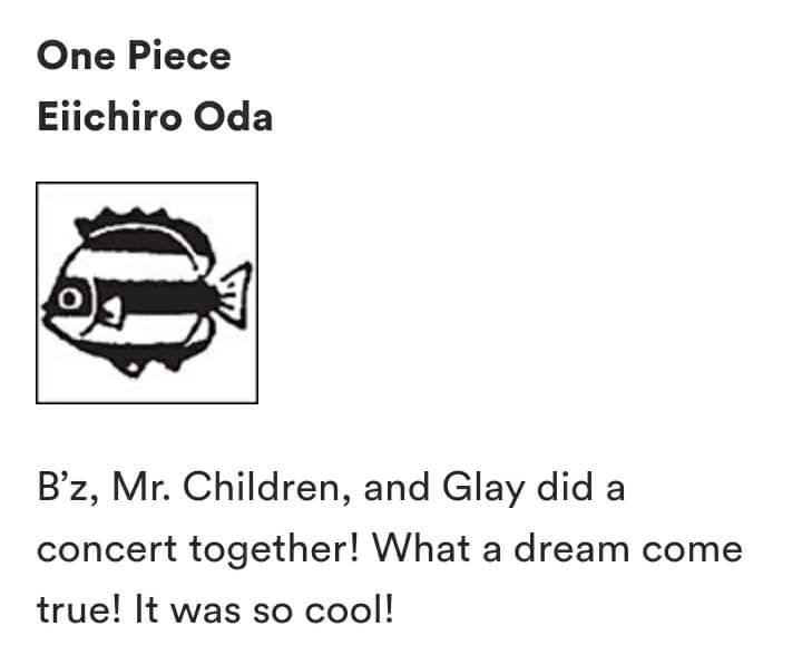 OnePiece_OPI's tweet photo. Komentar Eiichiro Oda pada majalah Shonen Jump edisi #48 yang rilis hari ini; 

"B'z, Mr Children dan Glay menggelar konser bersama! Benar-benar mimpi yang jadi kenyataan! Itu sangat keren!" 

... https://t.co/WkFcMe02J2