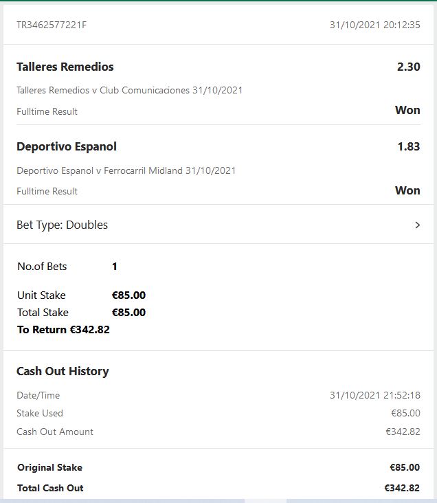 Bet2Bets's tweet photo. Bet2bets Football Betting Tips - 31/10/2021 2 Games 1 DOUBLES €85.00 Cash out €342.82 WIN https://t.co/ICM5aubvNR https://t.co/X2jRJPAIdb