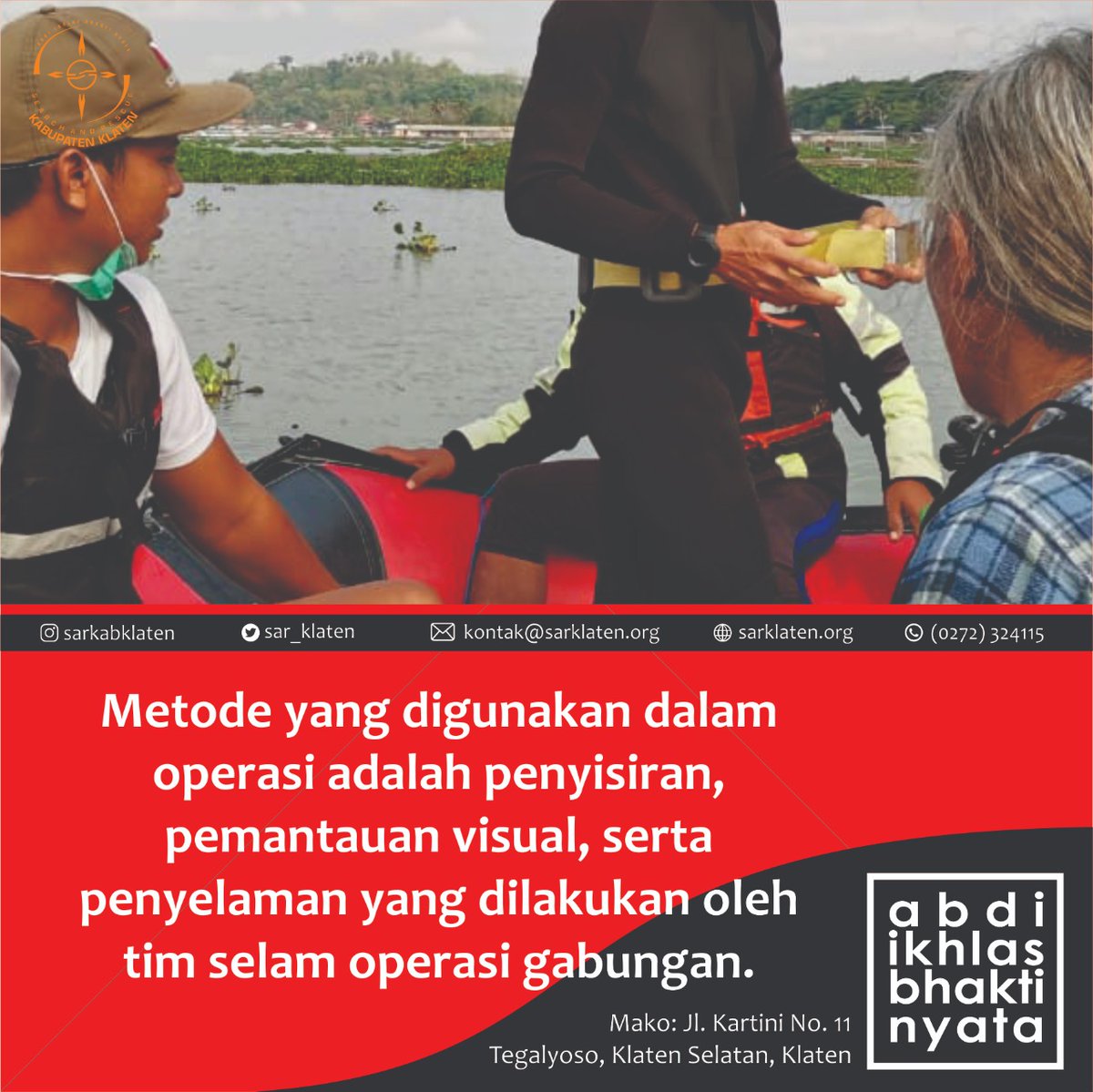 SAR_KLATEN's tweet photo. Operasi SAR
Laka Air a.n Agung Wibowo
di Rowo Jombor, Krakitan, Bayat, Klaten
31 Oktober 2021

Emergency call: 0272 324115

#searchandrescue
#abdiikhlasbhaktinyata
#indonesiacepatpulih
#klaten https://t.co/jN0Uq2woNw