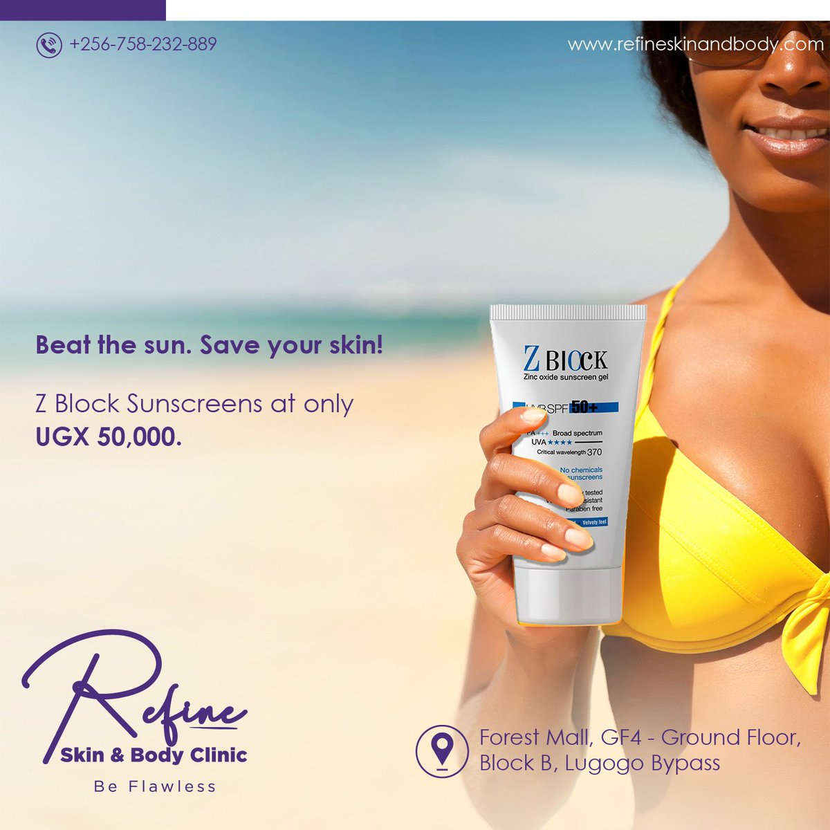 RefineClinicUG's tweet photo. Block out the sun this November for your skin!!

Z Block Sunscreen is at UGX 50,000.

Wearing sunscreen is one of the best — and easiest — ways to protect your skin's appearance and health at any age. 

Call us on 0758 232 889.

#BeFlawless #ZBlock #Sunscreen #Skincare https://t.co/m0ZmhMmBve