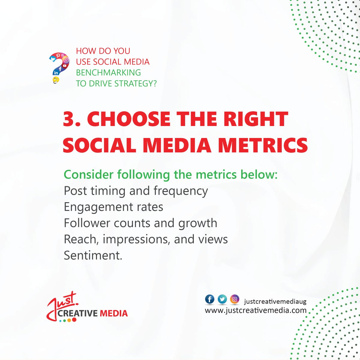 JustCreativeUg's tweet photo. There are tons of social media metrics you can choose to track including:
-Post timing &amp; frequency
-Engagement rates
-Follower counts and growth
-Reach, impressions, and views
-Sentiment
#JustCreativeMedia #socialmediamarketing #socialmedia #digitalmarketingtips #contentmarketing https://t.co/OMmimq541n