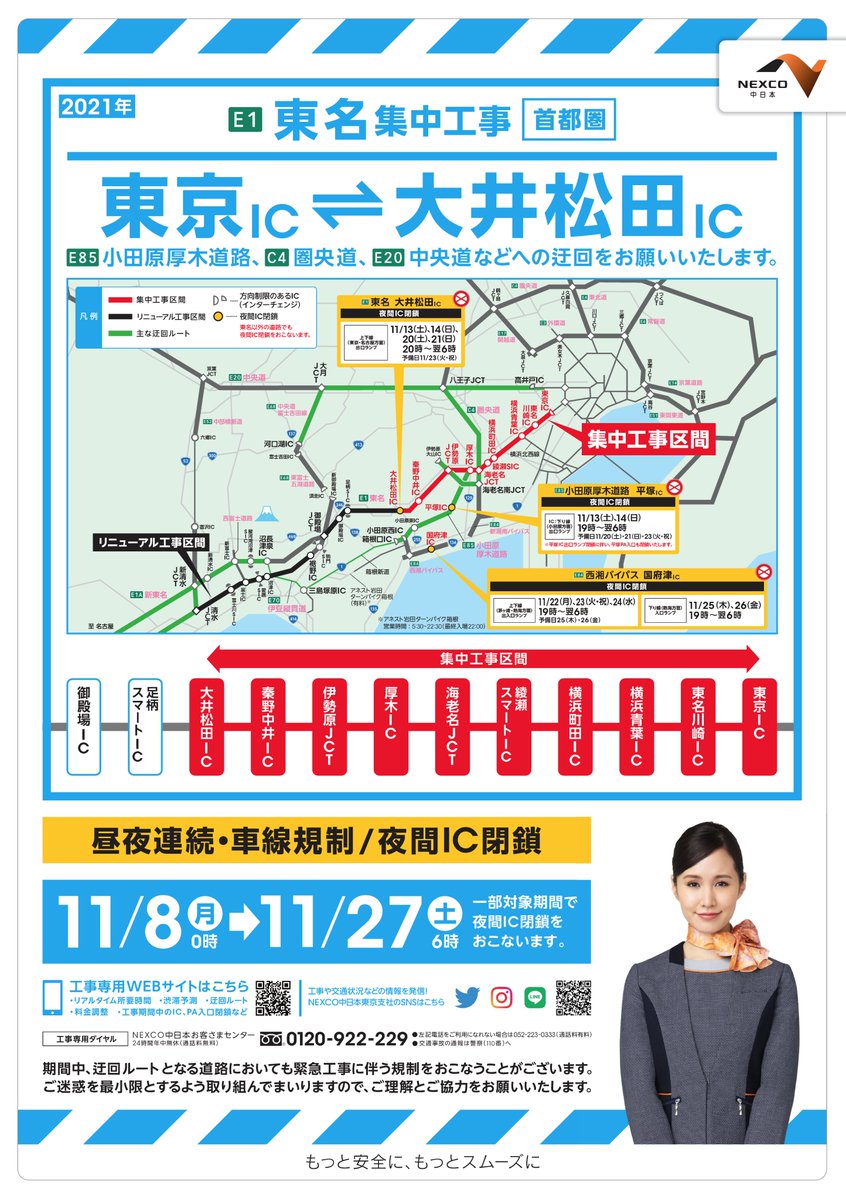 Nexco中日本 東京支社 On Twitter 東名 集中工事 のお知らせ 予告 11 8 月 0時から11 27 土 6時まで E1東名 東京ic 大井松田ic間で集中工事 昼夜連続 車線規制 を行います 工事中の 渋滞 予測や迂回ルート等は専用webサイトをご確認ください