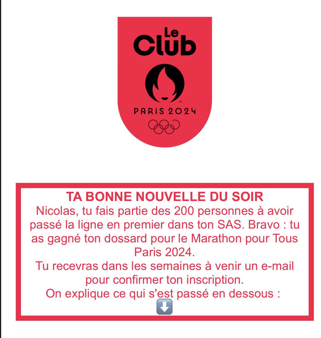 Merci <a href="/Paris2024/">Paris 2024</a> d’être revenu sur l’attribution des dossards ! Beau geste qui remet l’équité et les valeurs olympiques dans la balance. 👍#MarathonPourTousParis2024.