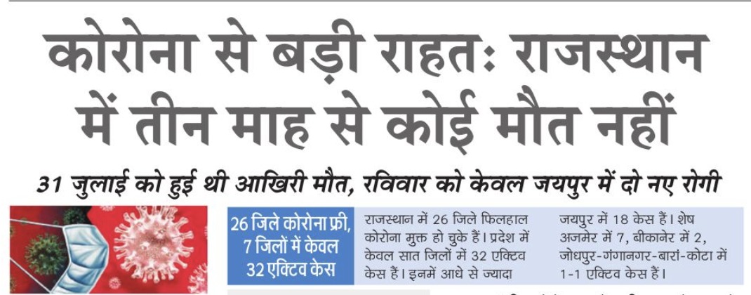 माननीय मुख्यमंत्री जी के कुशल नेतृत्व में #Rajasthan में हुए बेहतरीन कोविड प्रबंधन और प्रदेशवासियों के सहयोग का परिणाम है कि प्रदेश इस मुकाबले में जीत की ओर अग्रसर है। कृपया कोई लापरवाही न करें, सतर्कता बनाए रखें ताकि हम इस लड़ाई को जीत सकें।
Plz remain alert &amp; follow protocols😷