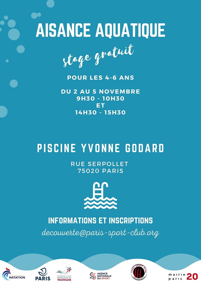 Paris Sport Club (@parissportclub) on Twitter photo Il reste 3 places sur notre stage GRATUIT pour apprendre à nager.
A destination des enfants de 4 à 6 ans, qui ne sont pas déjà en club. Du mardi 2 au vendredi 5 novembre, 2 fois par jour. Infos et inscription : decouverte@paris-sport-club.org
<a href="/Mairiedu20/">Mairie du 20e</a> Il reste 3 places sur notre stage GRATUIT pour apprendre à nager.
A destination des enfants de 4 à 6 ans, qui ne sont pas déjà en club. Du mardi 2 au vendredi 5 novembre, 2 fois par jour. Infos et inscription : decouverte@paris-sport-club.org
<a href="/Mairiedu20/">Mairie du 20e</a>