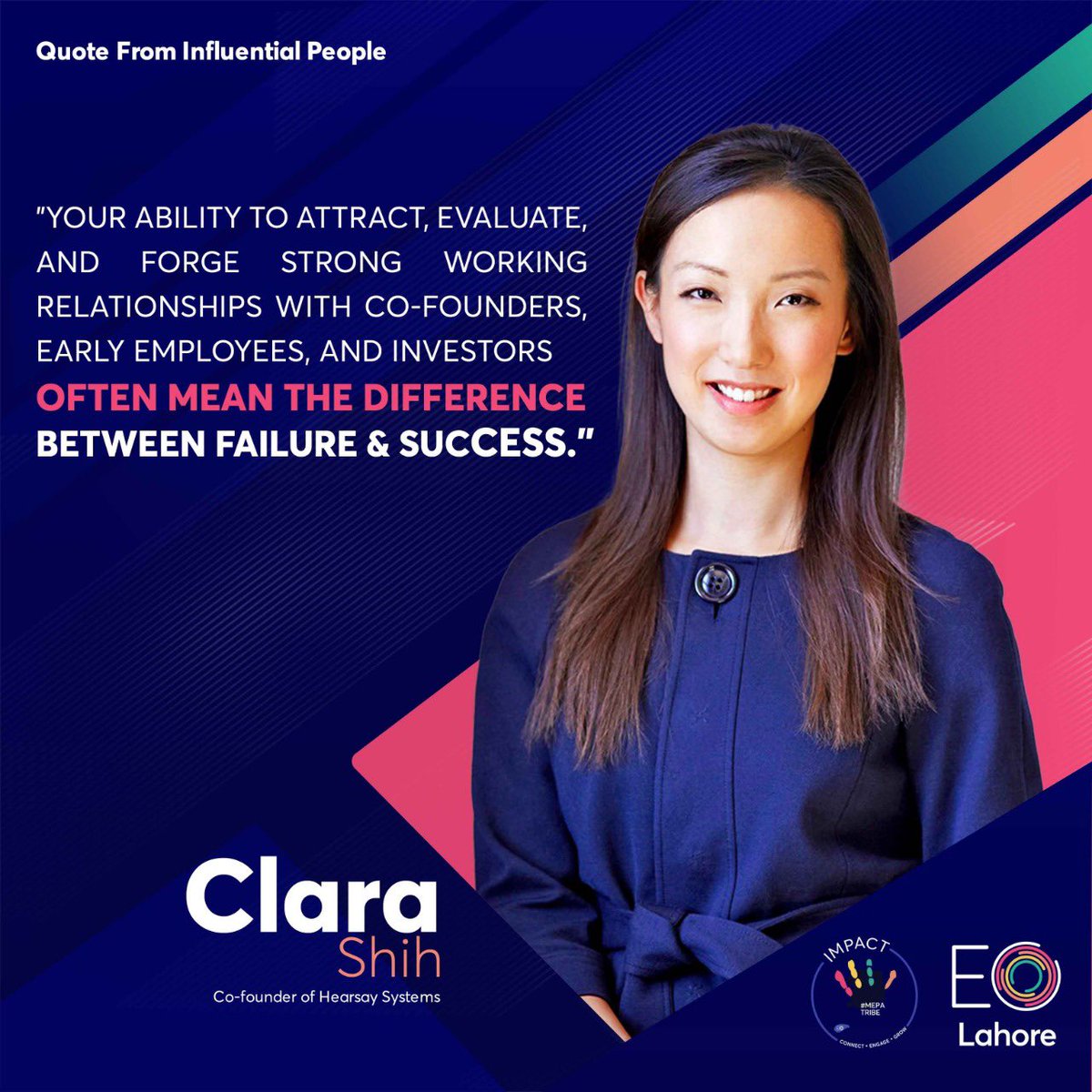 EO_Lahore's tweet photo. Clara Chung-wai Shih born January 11, 1982 is an American businesswoman. She is the CEO and co-founder of Hearsay Social.

EO - Together We Grow.

https://t.co/kpBoo3l9ko
#entrepreneur #business #entrepreneurlife #eoforum #eomepa #entrepreneursorganisation https://t.co/25BZo20HRd