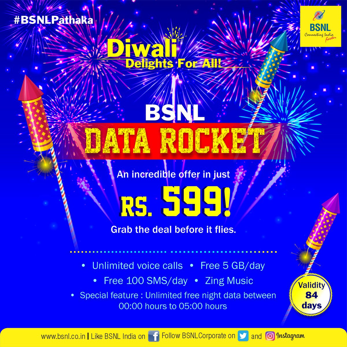 BSNLCorporate's tweet photo. #BSNL brings incredible deals this #Diwali. Avail this #Pathaka offer and a Happy and Safe Diwali!
#BSNLPathaka #DiwaliOffer #BSNL599 #STV599 #ZIngMusic https://t.co/wG18sYK3px