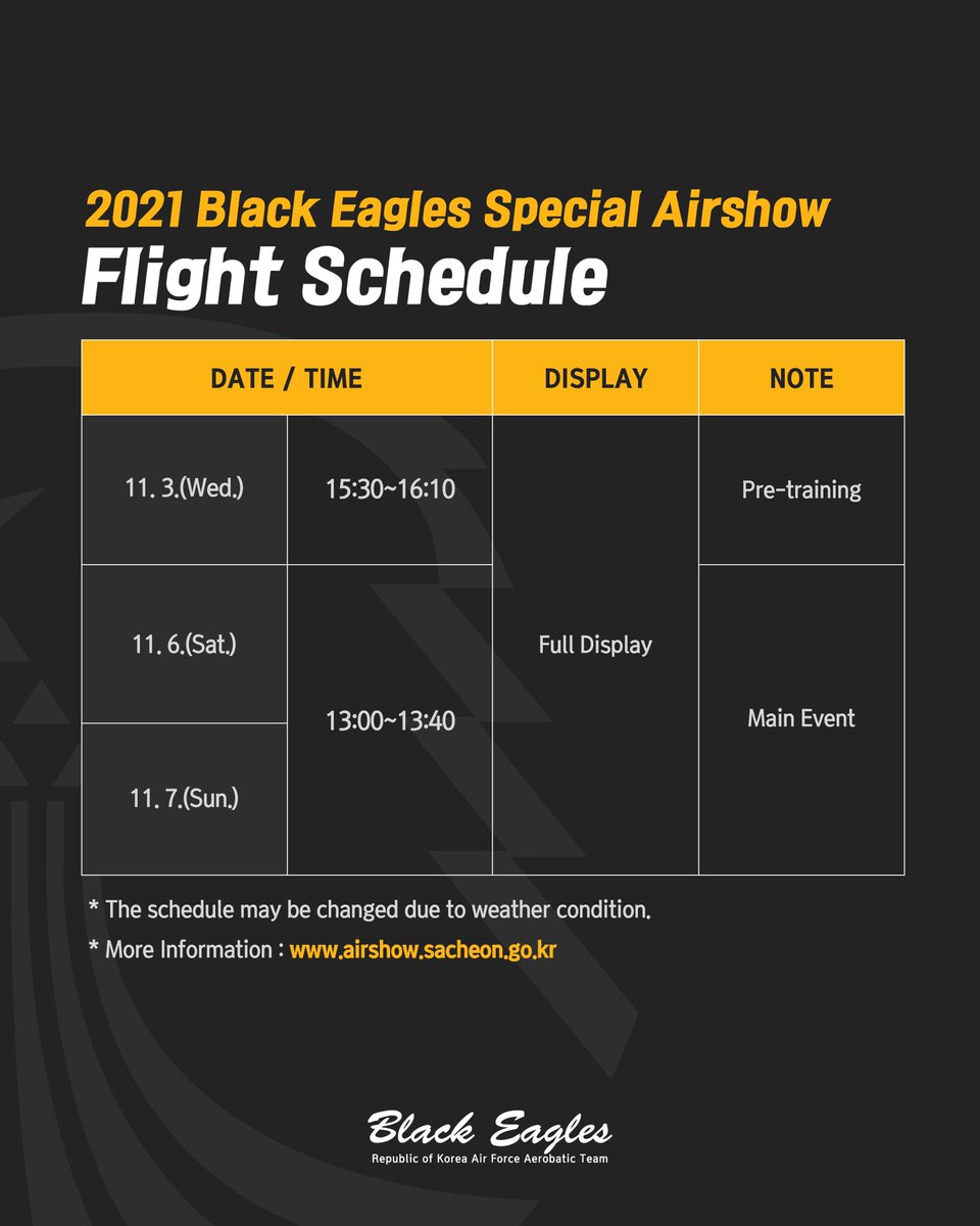 2021 블랙이글스 특별에어쇼!! 

경남 사천 삼천포대교에서 공원에서 진행됩니다🤗

Please check out blackeagles’ special airshow😍
