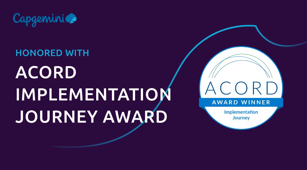 Capgemini_ins's tweet photo. We are proud to be presented the ACORD award for making the largest impact in implementing ACORD standards over the past year. It validates our commitment to enable the success of our insurance clients. Read more: https://t.co/pTVYYp8bWy https://t.co/PWAABzIuoX