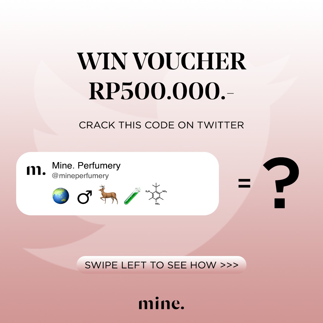mineperfumery's tweet photo. Hi Mine. friends! Kita main tebak-tebakan yuk. Untuk kalian yang bisa menebak kata dalam code di bawah ini, Mine. akan kasih kamu voucher Rp 500.000 untuk masing-masing 3 pemenang! Kira-kira ada yang bisa nebak gak nih? https://t.co/K3jzVHeEcq
