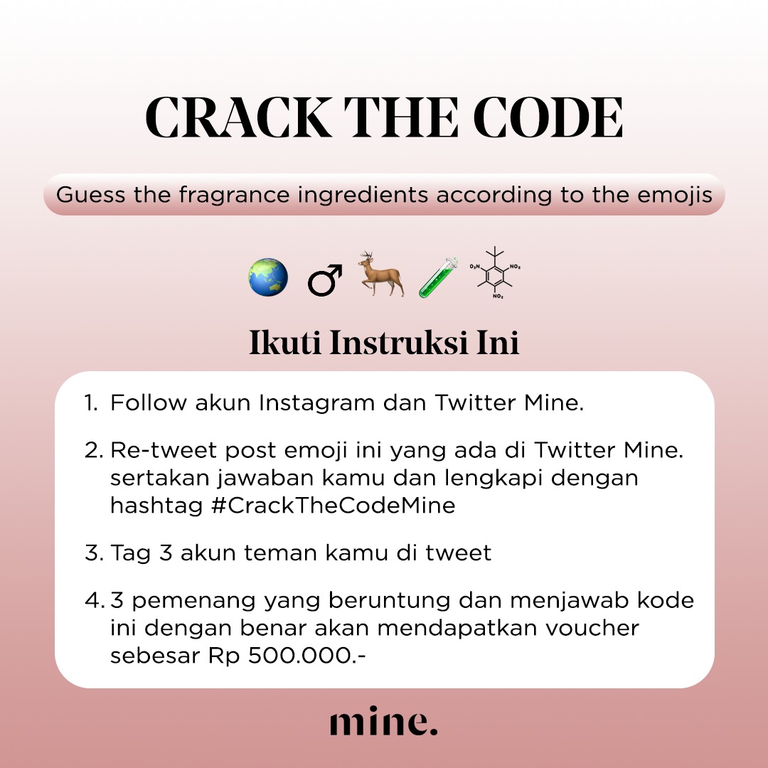 mineperfumery's tweet photo. Hi Mine. friends! Kita main tebak-tebakan yuk. Untuk kalian yang bisa menebak kata dalam code di bawah ini, Mine. akan kasih kamu voucher Rp 500.000 untuk masing-masing 3 pemenang! Kira-kira ada yang bisa nebak gak nih? https://t.co/K3jzVHeEcq