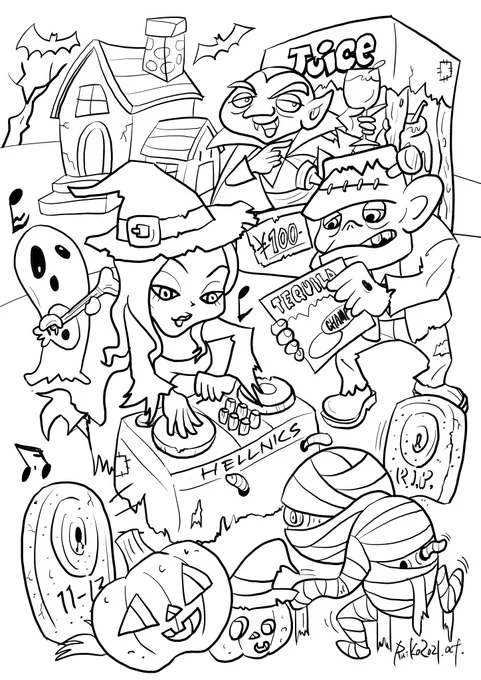 あ、こんなハッシュタグあったのね。ハロウィン塗り絵企画で描いたものです。残念ながら雨で中止になっちゃったので全国の皆さんこれデジタルでもアナログでも好きなように塗ってください〜!
 #ハロウィンイラスト展示会2021 