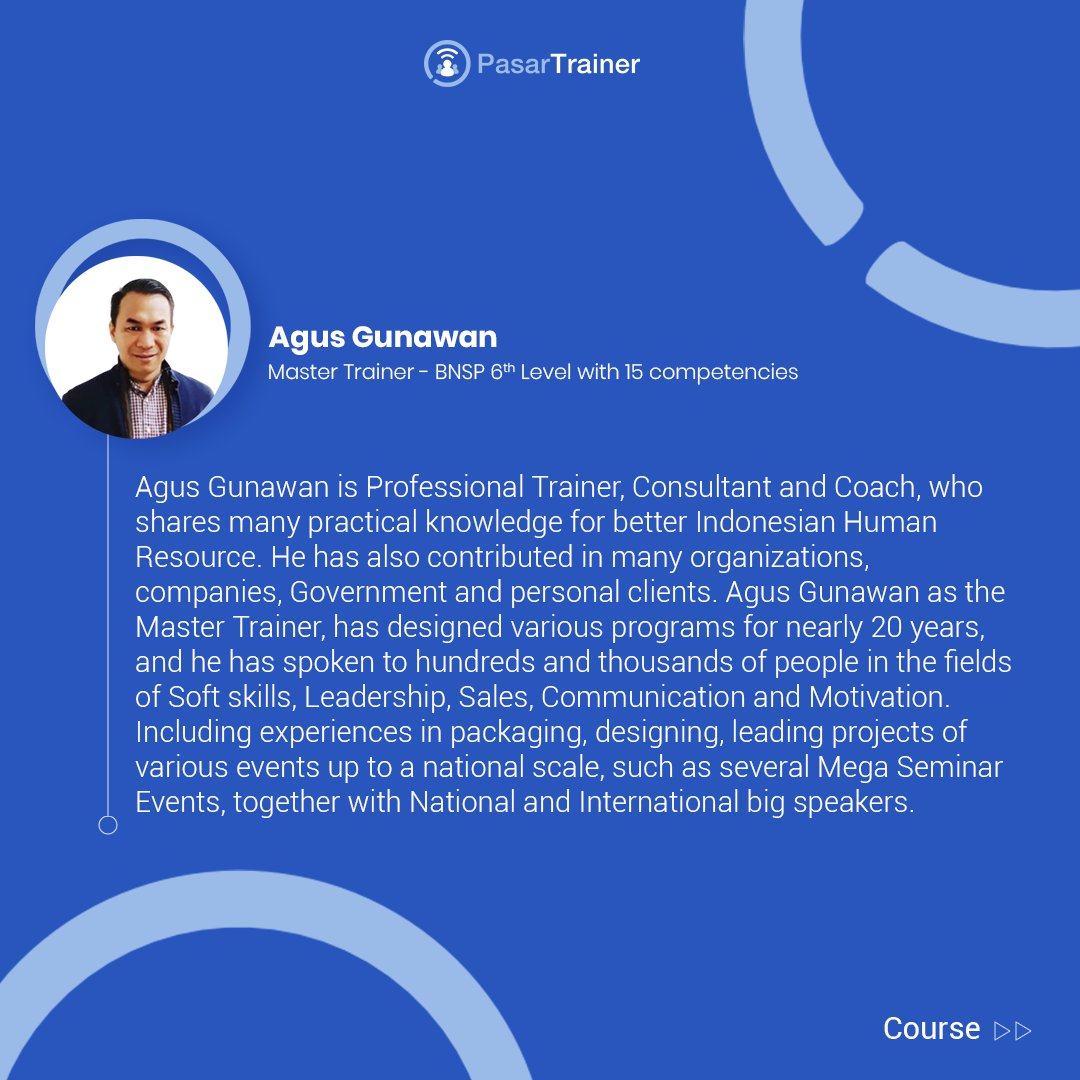 PasarTrainer's tweet image. Meet Our Trainer: Agus Gunawan

Find what he teaches at PasarTrainer: bit.ly/PTA_agusgunawan

#pasartrainer #trainerprofile #trainingprovider #trainingsolutions #BNSP #sertifikasi