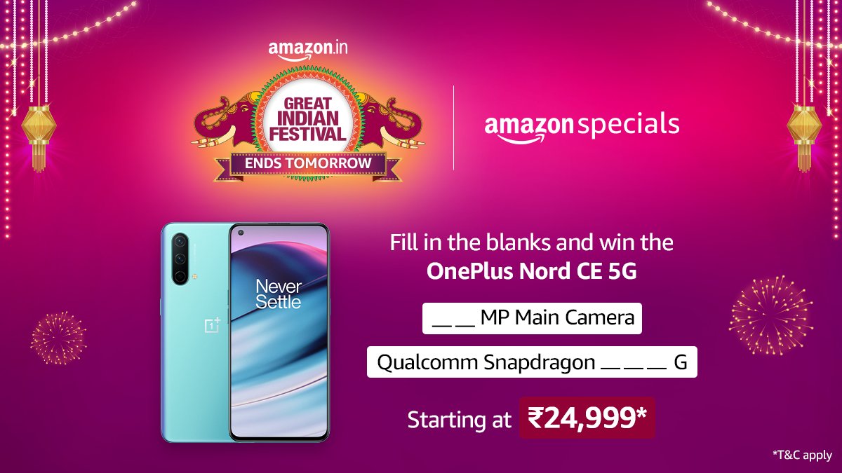 amazonIN's tweet photo. Here’s your chance to take home the OnePlus Nord CE 5G. Fill in the blanks and share your answer with #AmazonGreatIndianFestival and #OnePlusNordCE5GOnAmazonSpecials to stand a chance to win. Hurry, contest ends at 2:00 pm today https://t.co/BrEpWP7mt4
