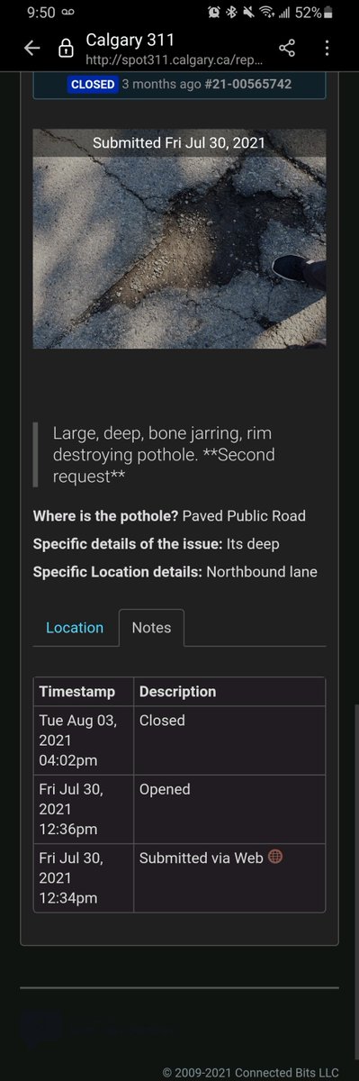Sun_freak's tweet photo. @Calgary311 why has this been closed twice when the pothole is still there growing bigger every day? https://t.co/v2bx0XkqrM