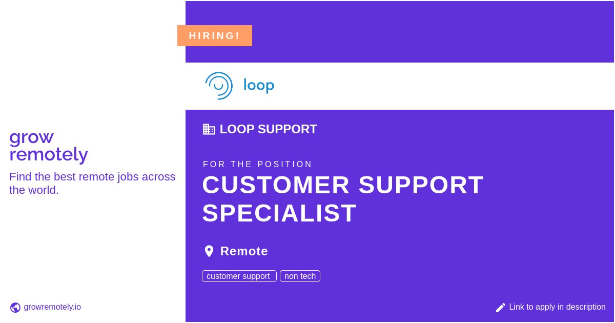 growremotelyio's tweet image. Check out this job at Loop Support for the position Customer Support Specialist.

 Apply link: growremotely.io/?id=617f2e8356…

#hiring #remotejobs #LoopSupport #CustomerSupport