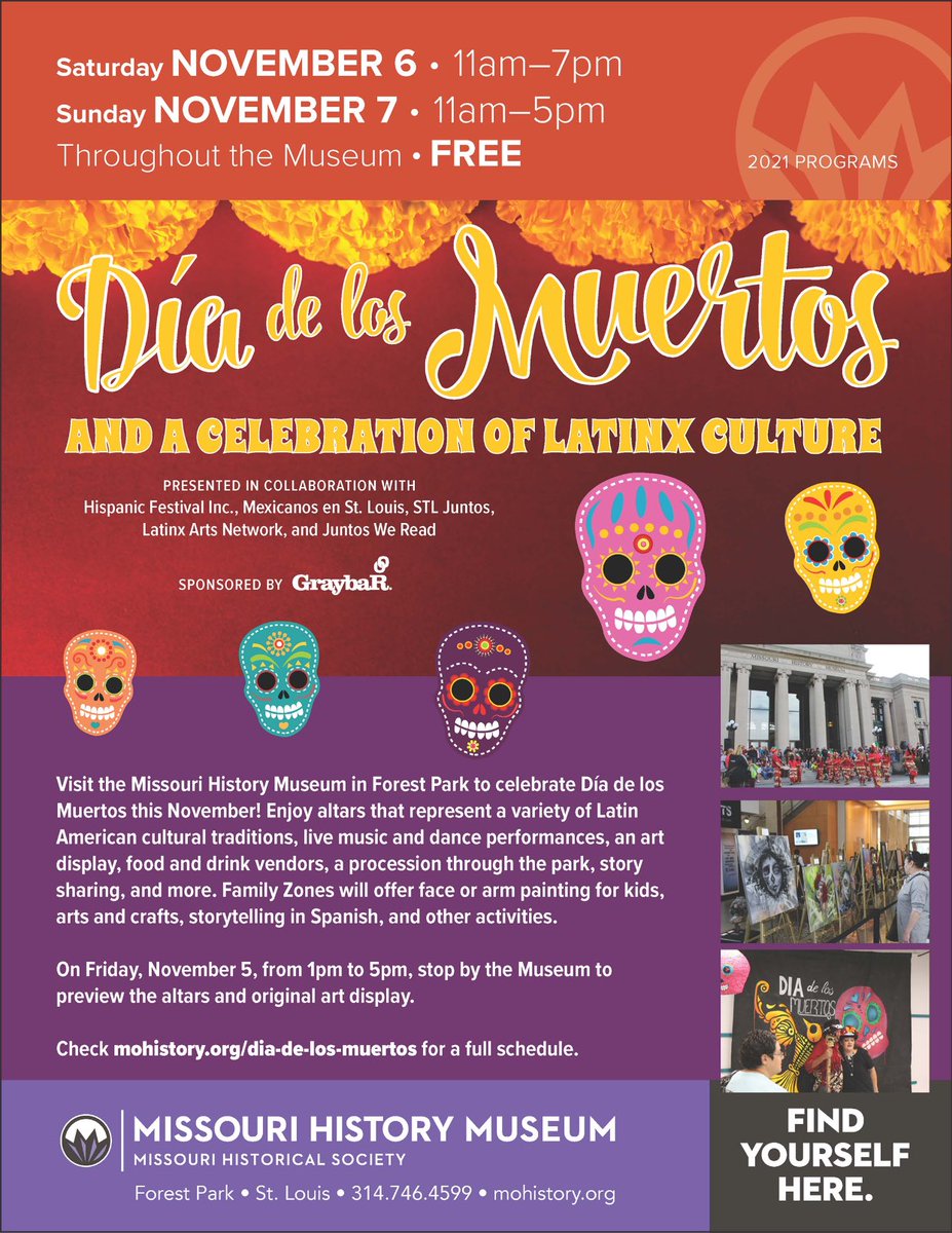 HisFestivalSTL's tweet photo. Dia de los Muertos at @mohistorymuseum  is coming up this weekend!  Art, food, altars, dance performances, procession and more!  #stldiadelosmuertos https://t.co/SPctabAvdy