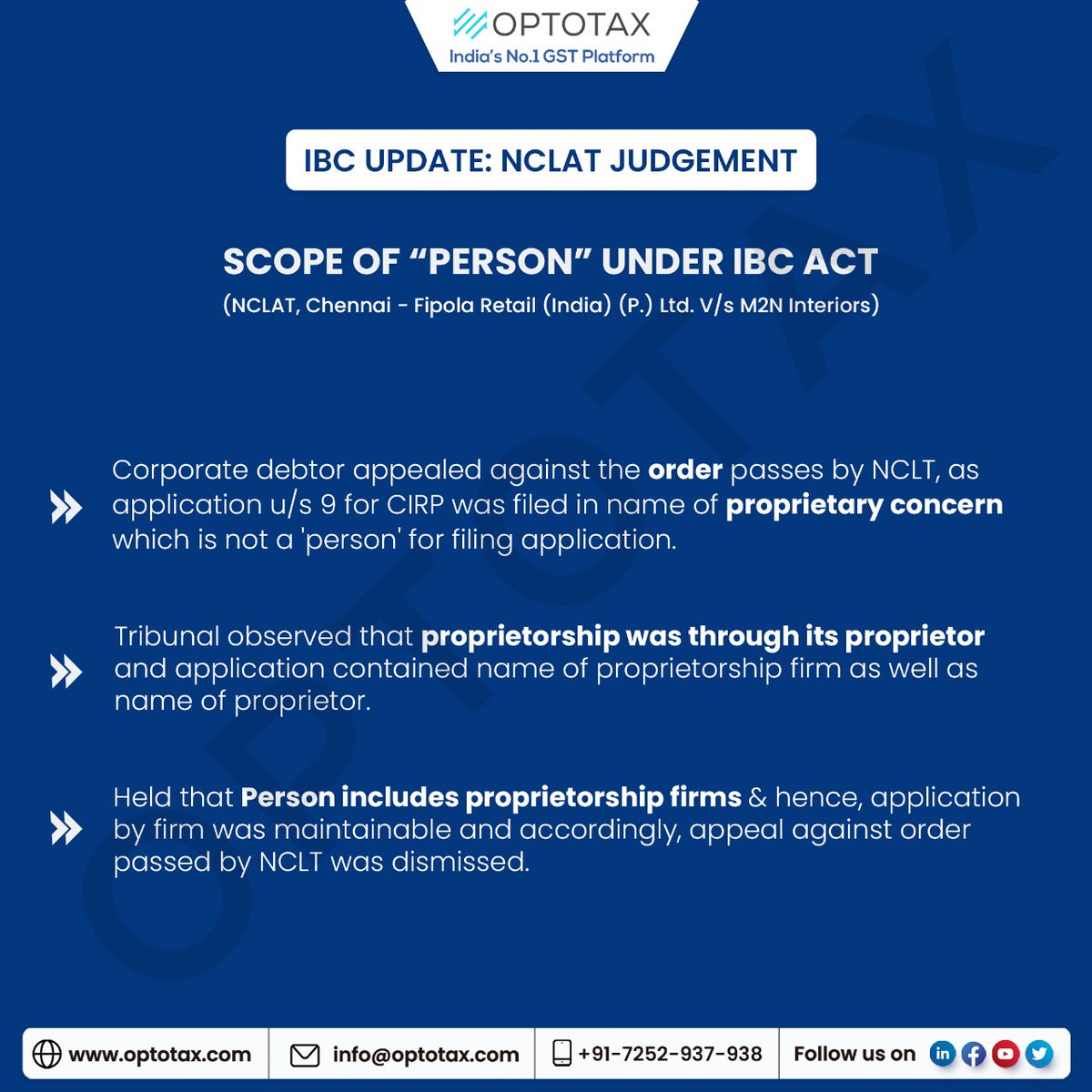 optotax_gst's tweet photo. Optotax IBC Updates:
Scope of Person under IBC Act.
(Refer to the below image to know more)
#IBC #ibcupdate #scope #ibcact #proprietorship #firm #optotax https://t.co/m9HHMaSSTr