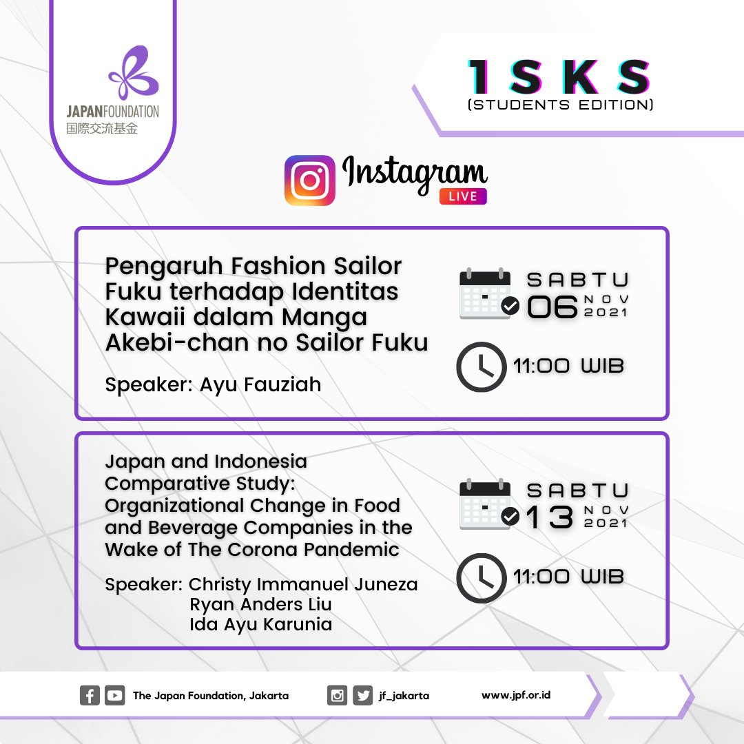 JF_Jakarta's tweet photo. Yuk catat tanggal dan jamnya dan ikuti program daring terbaru dari JF Jakarta, 1SKS Students Edition di Instagram Live! Diskusi ringan dan santai tapi sangat bermanfaat dengan sahabat-sahabat JF yang ahli di bidang masing-masing.
#stayathomewithJF
#jfjakarta
#japanfoundation https://t.co/z8q9Y8blSX