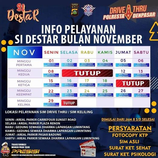 DenpasarKota's tweet photo. Info pelayanan Sim Keliling dan Si Destar Bulan November. 
Selamat Pagi Warga Kota! Bagi masyarakat yang masa berlaku SIMnya habis di bulan November, jangan lupa simpan jadwal pelayanan ini yap!
Via @DpsLantas 
#sidestar #denpasarkota #SIMkeliling #polrestadenpasar https://t.co/S6LzCS5xIS