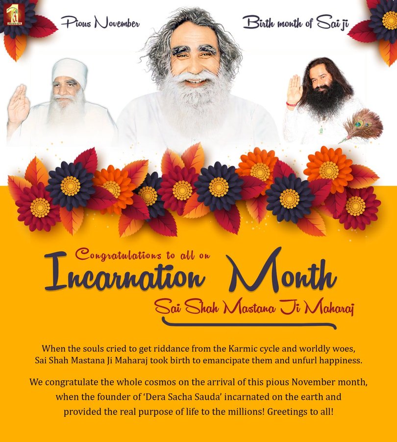 Rishitabansal77's tweet photo. Heartfelt Congratulations & Best Wishes on the Pious 130th Incarnation Month Of the True Spiritual Master, the King of spirituality Saint Shah Mastana Ji Maharaj.
#IncarnationMonthOfMSG
#SaiMastanaJiMaharaj
#130thBirthday
#NovemberGreetings https://t.co/fBOICoMRD0