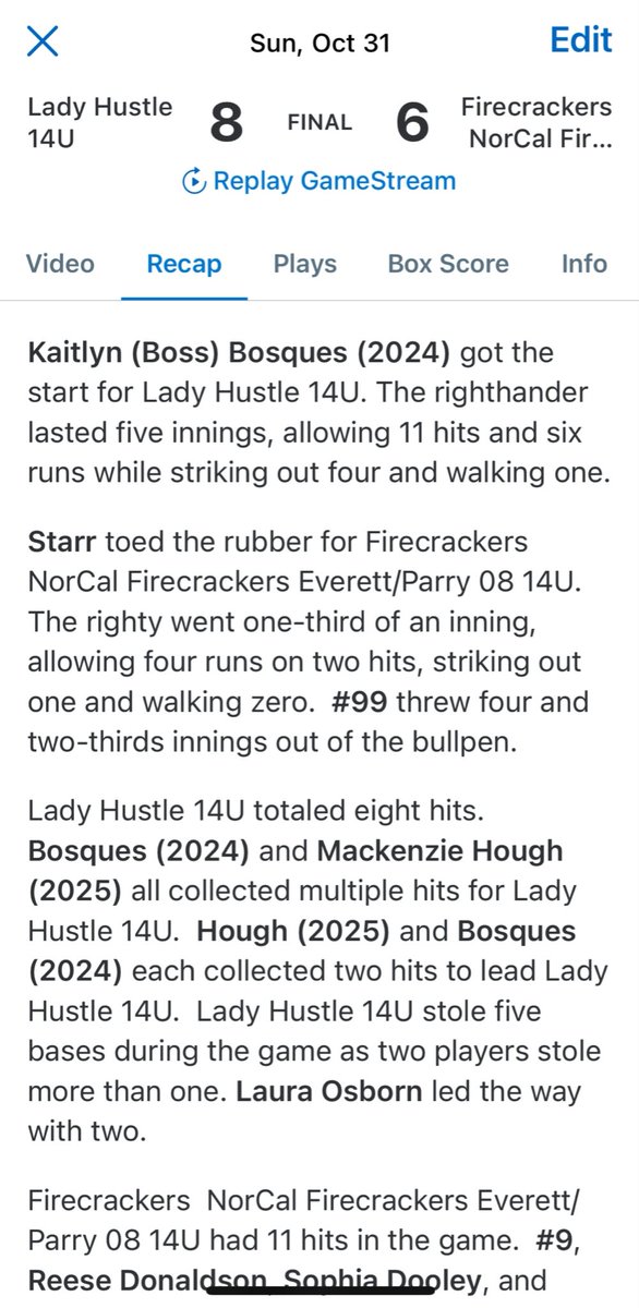 KaitlynBosques's tweet photo. A couple highlights from my weekend in Nor Calโs Finest #1stto3rd tournament (Modesto, CA) this weekend. My @lhustle18g team took the gold ๐ฅ! #teamworkmakesthedreamwork #LadyHustleFastpitch ๐ฅ#softballpitcher https://t.co/TNqy5jefhC