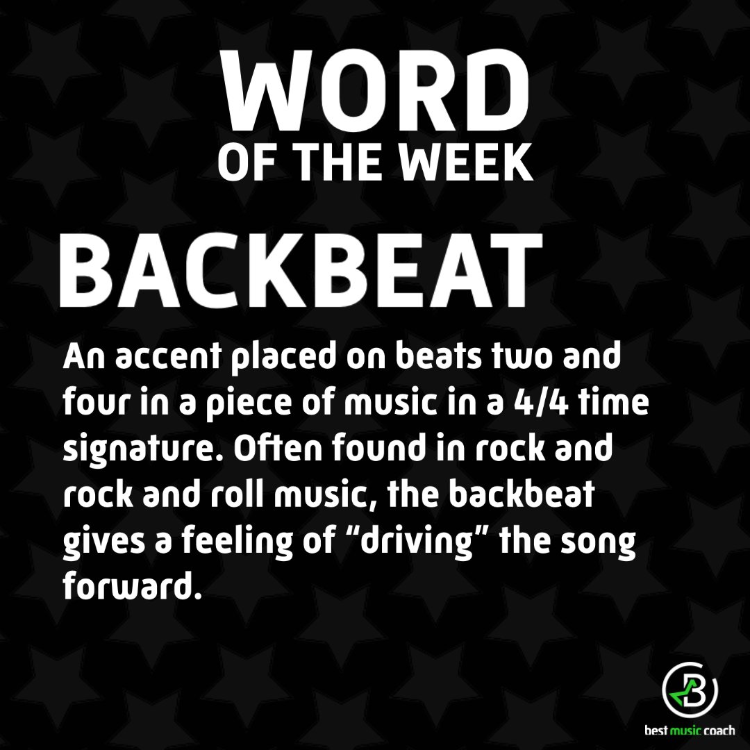 Vgmcomposer's tweet photo. Backbeat. An accent placed on beats two and four in a piece of music in a 4/4 time signature. Often found in rock and rock and roll music, the backbeat gives a feeling of "driving" the song forward. https://t.co/tg8lo1UoOE
