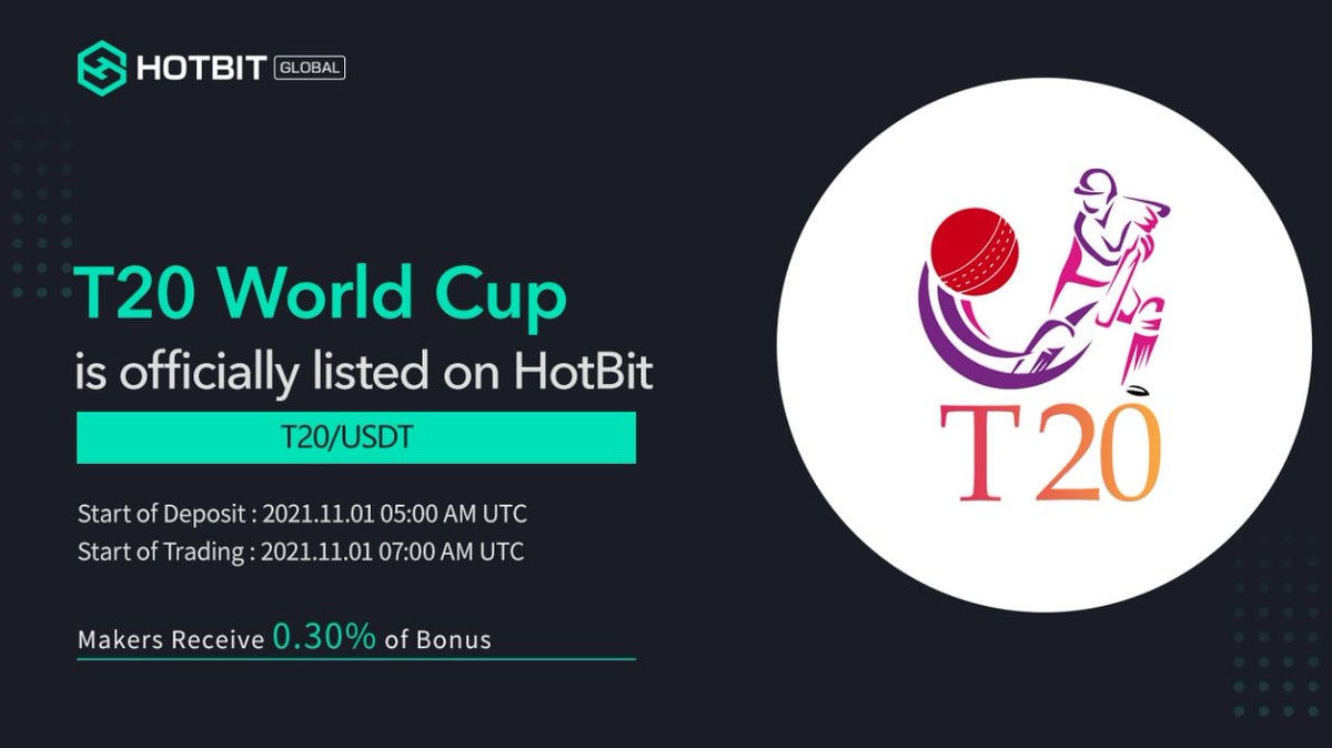 We are overwhelmed by the response received on this channel. Please make sure notifications are turned on for all our future updates!!

Exciting things coming soon 🚀

HotBit Exchange 🔥
Deposit at 5:00am(UTC) on Nov.1
Trading at 7:00am(UTC) on Nov.1

Trading pair: T20/USDT

#T20