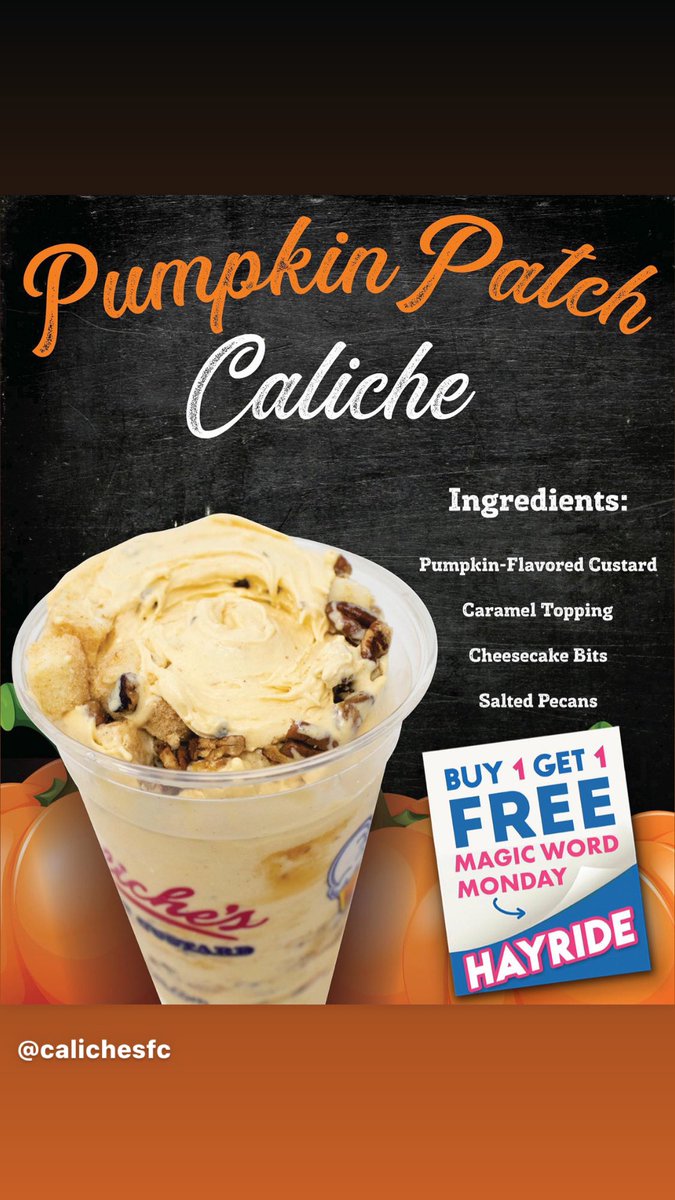 Caliches's tweet photo. November is here and now it’s time for a hayride at Caliche’s! The Magic Word is “Hayride”! Buy One Pumpkin Patch Caliche get one FREE!
*Valid only on Monday, November, 1st 2021.*
#Caliches #magicwordmonday #pumpkinpatchcaliche #ilovecaliches #MWM #BOGO #BuyOneGetOne https://t.co/AcwUuZkmFD