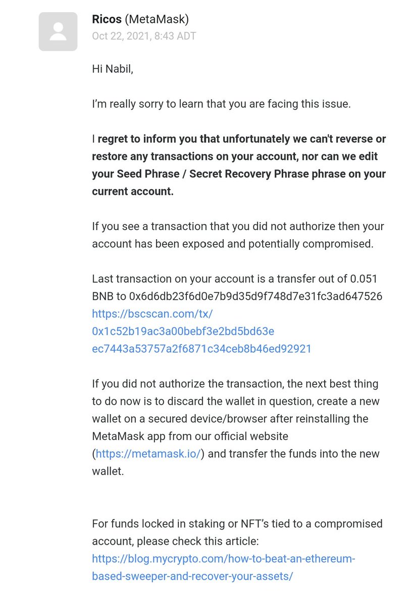 NabilJane's tweet photo. @M_alex1961 @garyvee I already wrote a report to Metamask, they said i cant get my fund back coz the transaction was successfully wire to anothe wallet address, they cant reverse or restore the fund to my wallet. Also the wallet address that got my fund was really suspicious. https://t.co/Y8nrieajhX