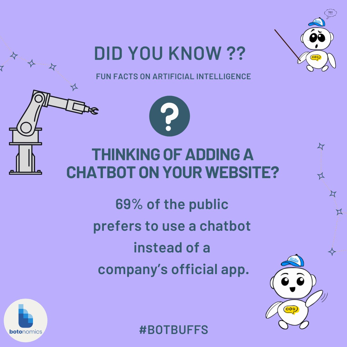 botonomics's tweet photo. 🤯 Did you know? ❓❔ 
.
.
69% of the public prefers to use a chatbot instead of a company’s official app
.
.
High time to start using a chatbot to boost your online business
.
.
Visit https://t.co/gukNCmyMhm for more details
.
.
#teedee #chatbots #didyouknow https://t.co/za3hpofF2O