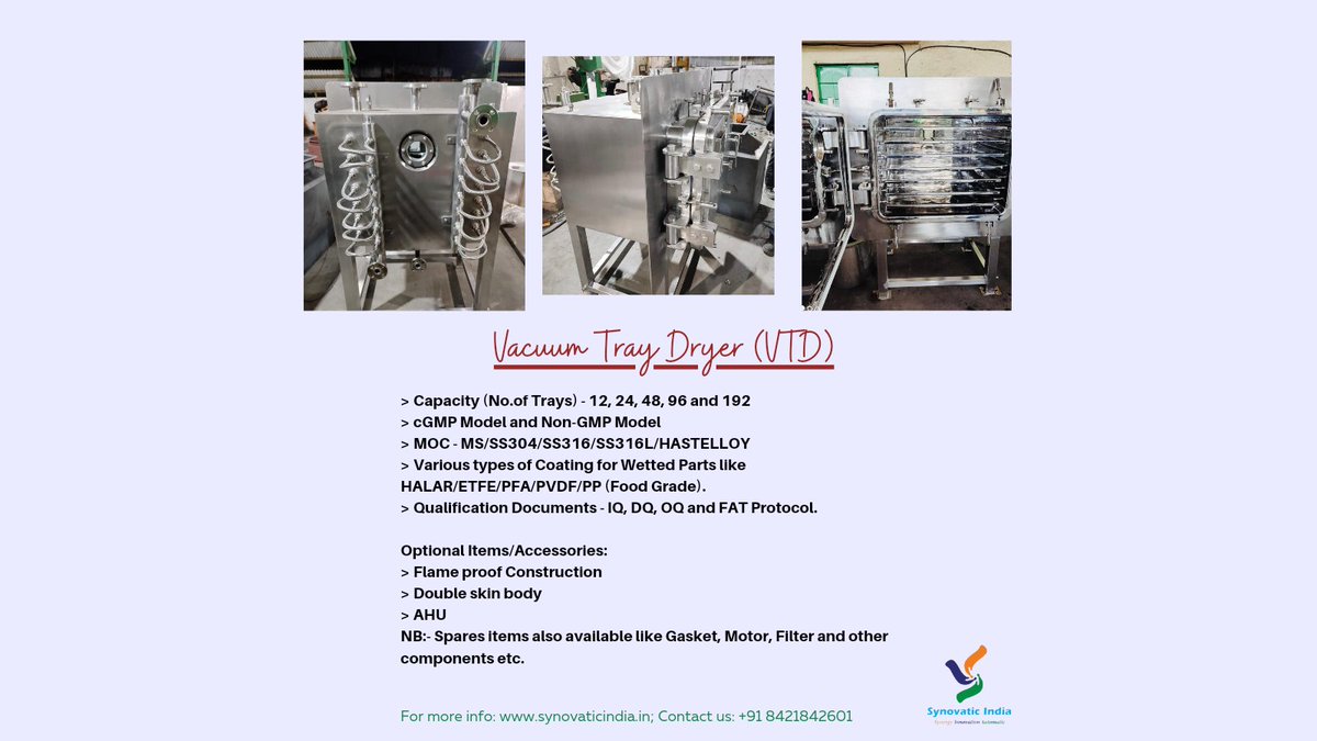 Synovatic's tweet photo. Email - marketing@synovaticindia.in
Contact us: +91 7208006238
Website: https://t.co/Aj5ovybliF
#vacuumtraydryer #manufacturing #manufacturer #synovaticindia #flameproof #coating #pharmaceutical #pharmaindustry https://t.co/Tcp85UZzmD