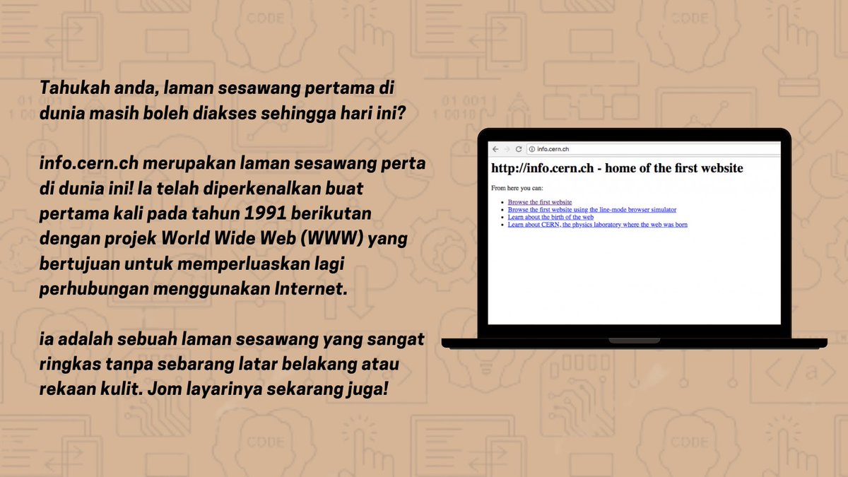 bbestsakba's tweet photo. capt : Hi semua! Hari ini kami ingin kongsikan dengan anda satu fakta ringkas tetapi menarik mengenai laman web iaitu, laman web pertama dunia. Jom kongsikan info ini dengan rakan-rakan anda. Semoga bermanfaat! #spektrumilmu #birolw https://t.co/gMJDJH6u6F